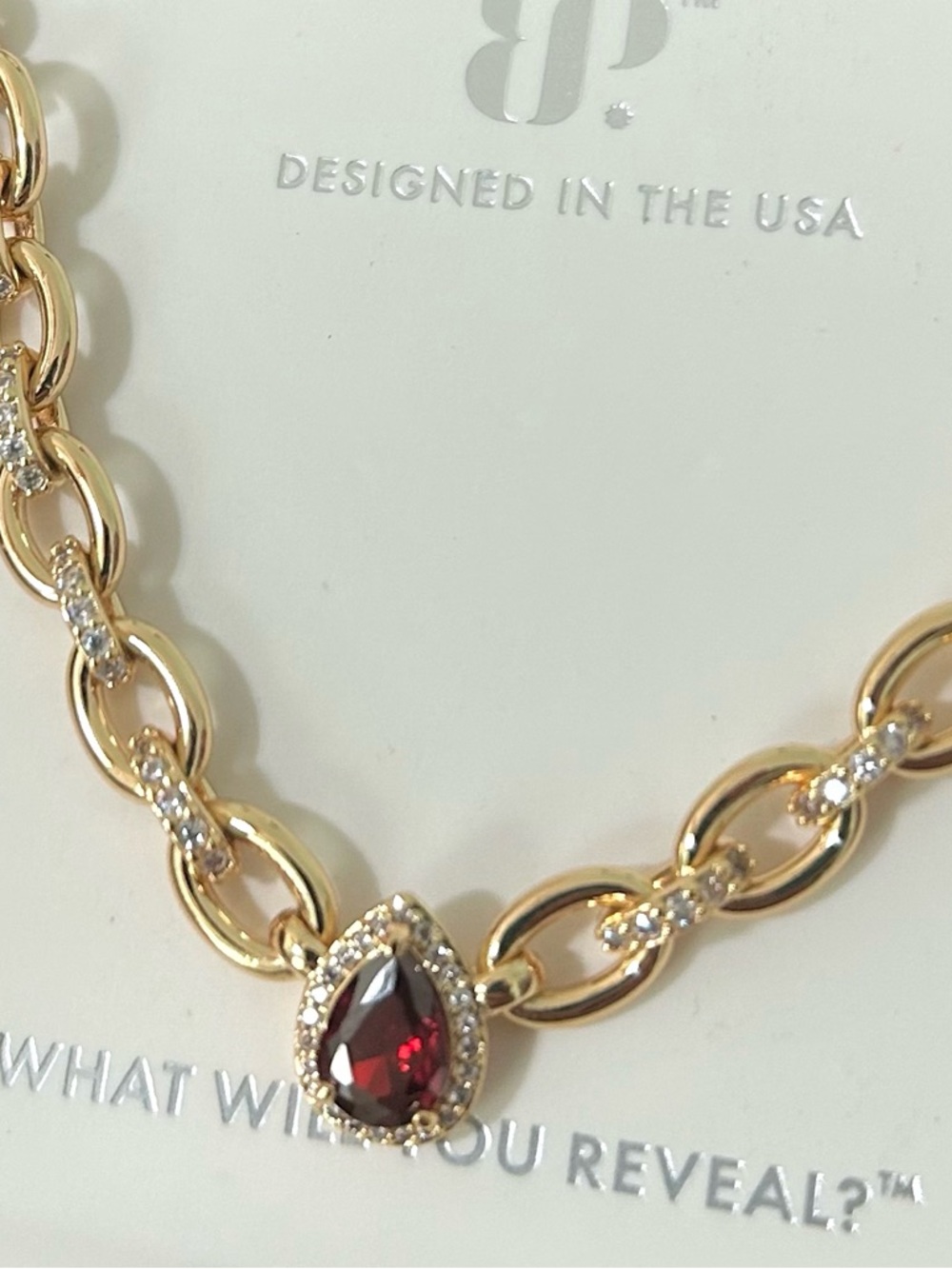 Gold-Tone Necklace with Red Teardrop Pendant by
